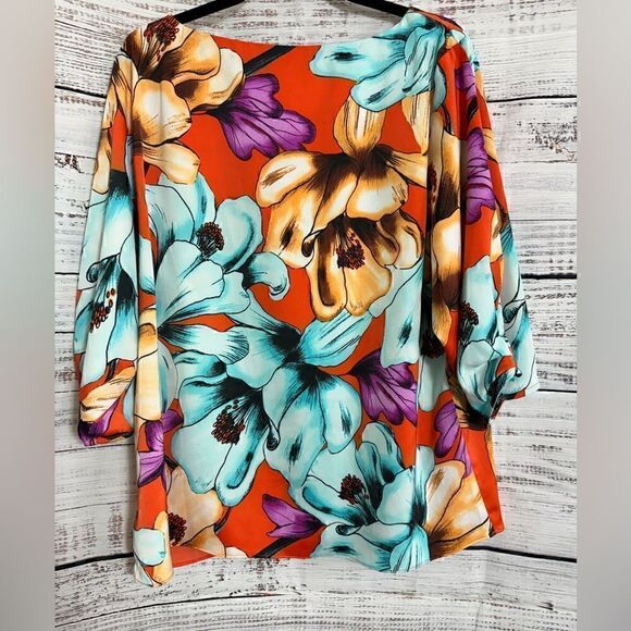 Chico’s Top Womens Sz XL Floral Tropical Iris Print Bateau Neck Blouse colorful - Picture 3 of 11